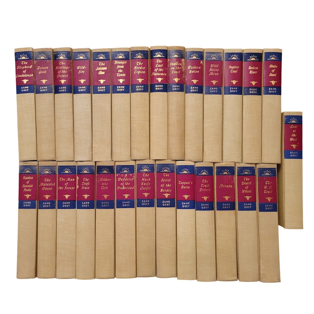 28 Zane Grey Book Set Tan Red Western Classics Vintage HC Home Decor Staging